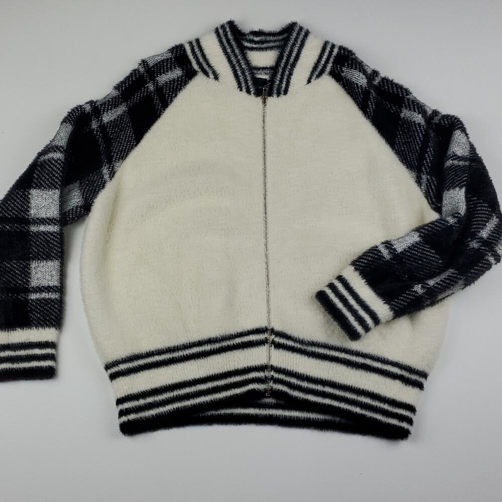 Cliché Faux Fur Zipper Front Plaid Long Sleeve Soft Fuzzy Sweater Jacket Coat